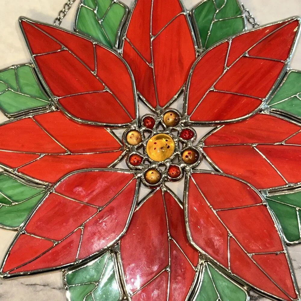 Stained‎ Glass Pointsettia Christmas Flower Wreath Door Window Decor Sun Catcher
